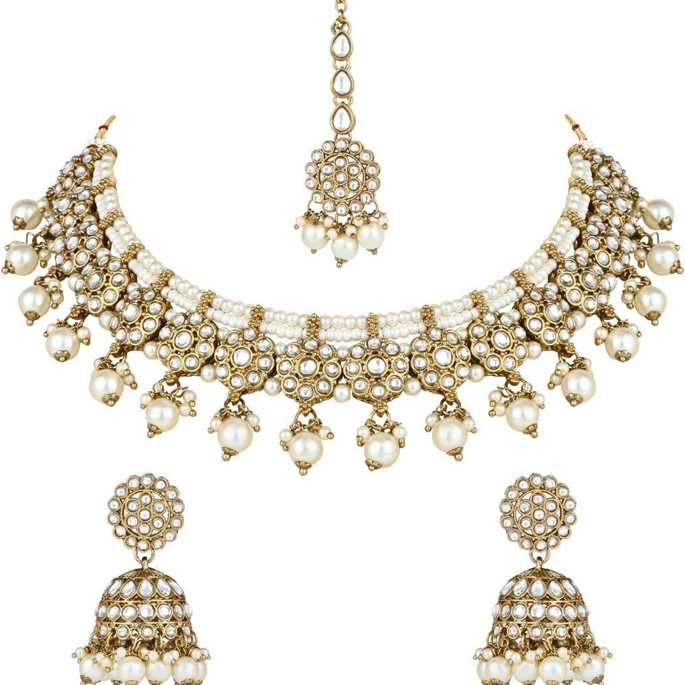 Gold Plated Kundan Pearl Handmade Choker Jewelry & Jhumka Earring Set Women